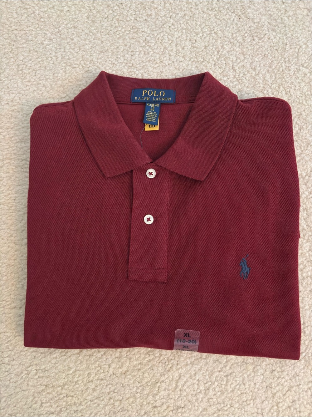 NWT Polo Ralph Lauren Bog Boys Burgundy Polo with Navy Pony XL(18-20)